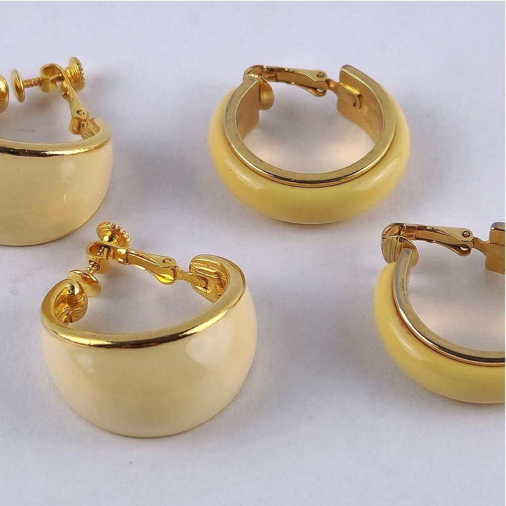 Vintage Ivory Enamel Gold Tone Earrings‎ Lot Clip On Screw Back Hoop Chunky